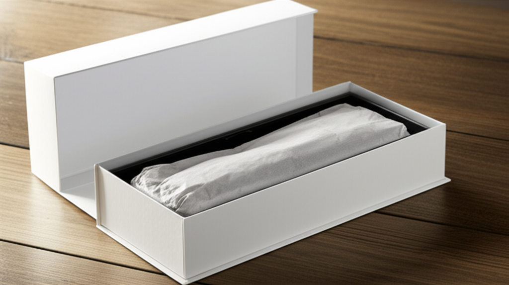 Hộp giấy nắp nam châm – Giải pháp bao bì chuyên nghiệp 2 Ảnh chụp chân thực (photorealistic) với tỉ lệ 16:9. Bối cảnh tự nhiên, ánh sáng tốt. Không chèn chữ, số, logo, thương hiệu hoặc ký hiệu đặc biệt. Không sáng tạo bao bì, không mô tả trẻ em hoặc đặc điểm giới tính cụ thể. Mô tả: Một chiếc hộp giấy nắp nam châm màu trắng, chất liệu giấy mỹ thuật cao cấp, được đặt trên bàn gỗ. Nắp hộp đang mở, hé lộ sản phẩm bên trong được gói cẩn thận. Ánh sáng dịu nhẹ tôn lên vẻ đẹp tinh tế của hộp.
