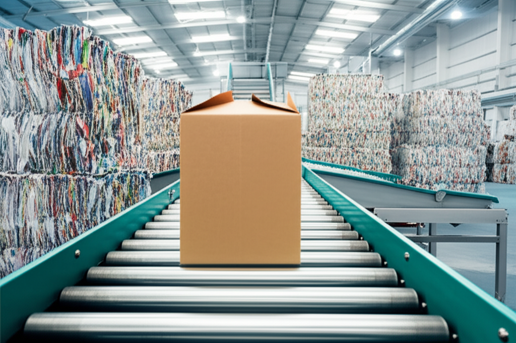 Hộp giấy carton lạnh – Giải pháp bao bì chuyên nghiệp 7 Ảnh chụp chân thực (photorealistic) với tỉ lệ 16:9. Bối cảnh tự nhiên, ánh sáng tốt. Không chèn chữ, số, logo, thương hiệu hoặc ký hiệu đặc biệt. Không sáng tạo bao bì, không mô tả trẻ em hoặc đặc điểm giới tính cụ thể. Mô tả: Một hộp giấy carton lạnh đang được tái chế trong một nhà máy tái chế. Xung quanh là các vật liệu tái chế khác như giấy, nhựa, kim loại. Ánh sáng tự nhiên, thể hiện sự xanh sạch của quy trình tái chế.