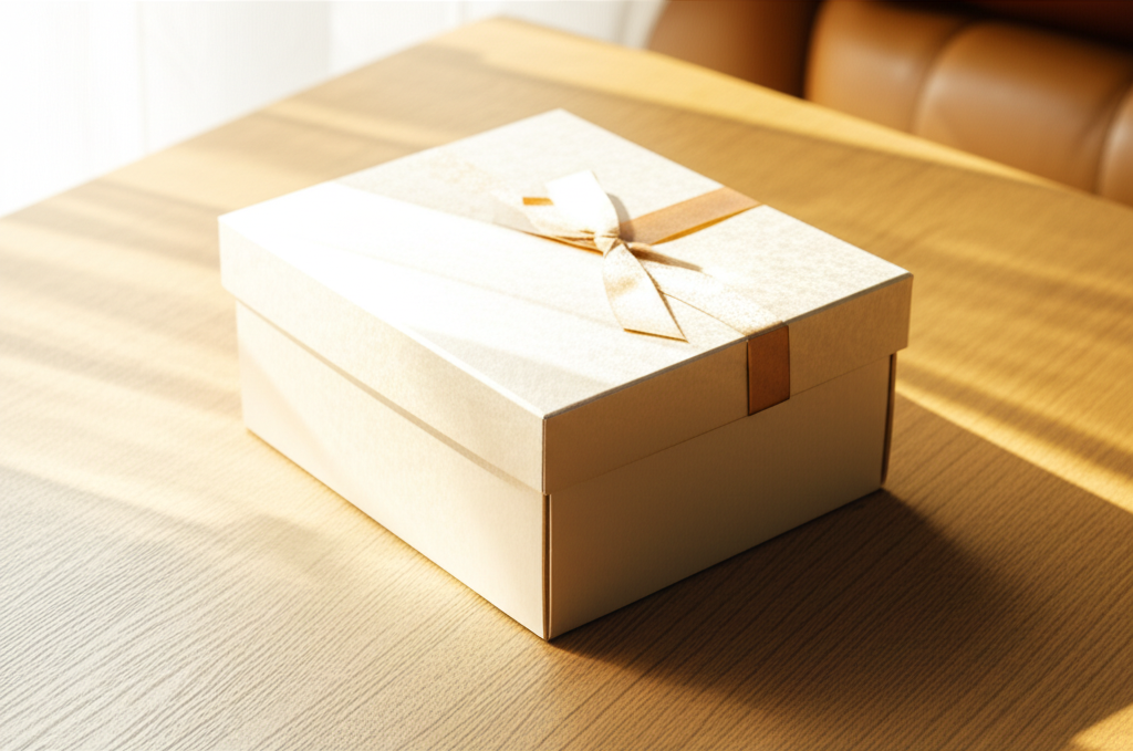 Hộp giấy đựng quà – Giải pháp bao bì chuyên nghiệp 2 Ảnh chụp chân thực (photorealistic) với tỉ lệ 16:9. Bối cảnh tự nhiên, ánh sáng tốt. Không chèn chữ, số, logo, thương hiệu hoặc ký hiệu đặc biệt. Không sáng tạo bao bì, không mô tả trẻ em hoặc đặc điểm giới tính cụ thể. Mô tả: Một hộp quà sang trọng, được làm từ giấy cao cấp, với thiết kế tinh tế, đặt trên một mặt bàn gỗ. Ánh sáng tự nhiên làm nổi bật các chi tiết của hộp, tạo cảm giác cao cấp và hấp dẫn.