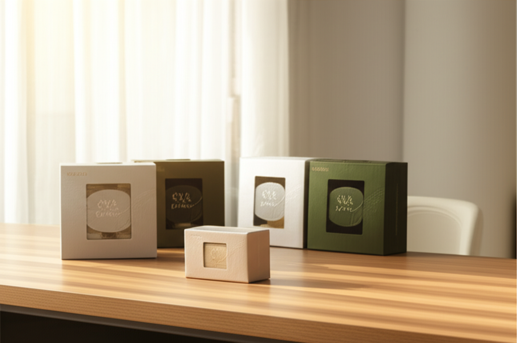 Hộp giấy đựng yến sào – Tăng giá trị thương hiệu bằng bao bì đột phá 9 Ảnh chụp chân thực (photorealistic) với tỉ lệ 16:9. Bối cảnh một góc làm việc tại nhà của chủ shop online. Các hộp giấy đựng yến sào số lượng ít được xếp gọn gàng trên bàn. Ánh sáng tự nhiên.