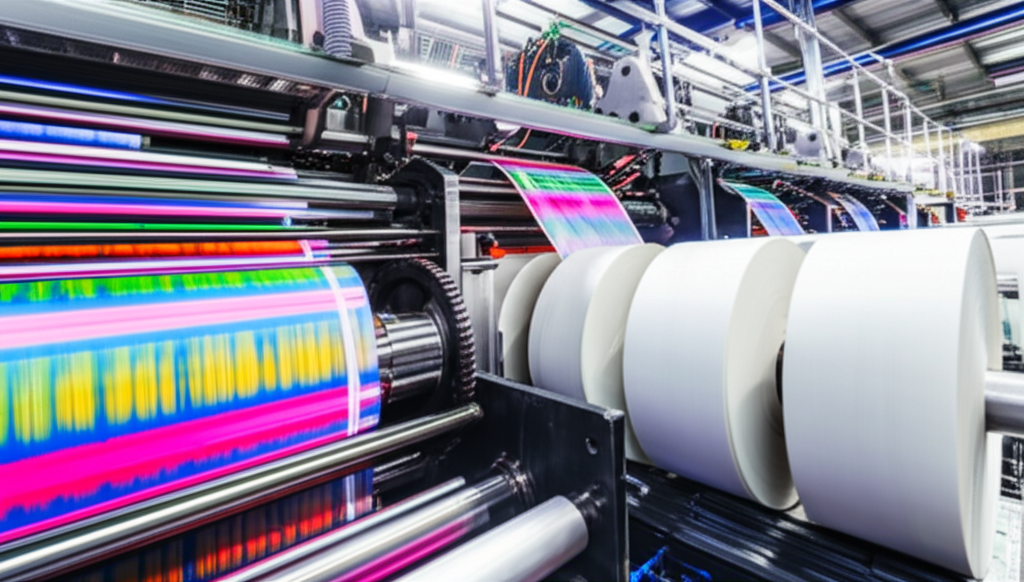 Hộp giấy theo yêu cầu – Giải pháp bao bì chuyên nghiệp 7 Ảnh chụp cận cảnh một máy in offset đang hoạt động, với các cuộn giấy và mực in đầy màu sắc. Các chi tiết máy móc được thể hiện rõ ràng.