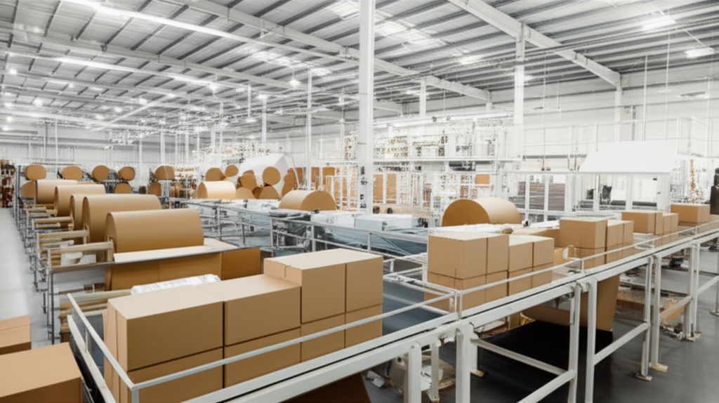 Hộp giấy đựng mỹ phẩm – Giải pháp bao bì chuyên nghiệp 8 Ảnh chụp toàn cảnh nhà xưởng sản xuất hộp giấy của **Hoa Việt Corp**, với các máy móc hiện đại và đội ngũ công nhân lành nghề đang làm việc. Các cuộn giấy lớn được xếp gọn gàng, các hộp giấy đã hoàn thiện được đóng gói cẩn thận. Ánh sáng trong nhà xưởng rất tốt, tạo cảm giác chuyên nghiệp và quy mô.