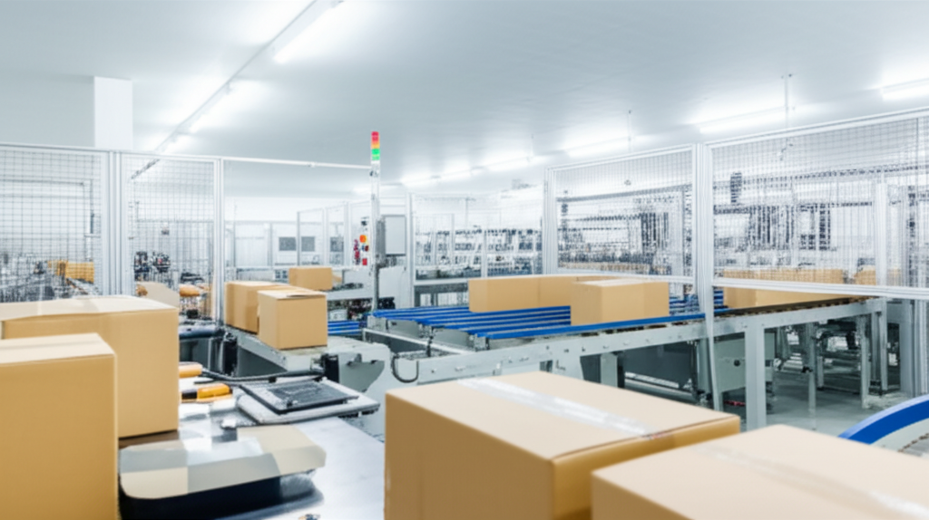 Hộp giấy carton lạnh – Giải pháp bao bì chuyên nghiệp 5 Ảnh chụp chân thực (photorealistic) với tỉ lệ 16:9. Bối cảnh tự nhiên, ánh sáng tốt. Không chèn chữ, số, logo, thương hiệu hoặc ký hiệu đặc biệt. Không sáng tạo bao bì, không mô tả trẻ em hoặc đặc điểm giới tính cụ thể. Mô tả: Một dây chuyền sản xuất hộp giấy carton lạnh hiện đại trong nhà máy. Các công nhân đang kiểm tra chất lượng sản phẩm. Ánh sáng trắng, thể hiện sự chuyên nghiệp và sạch sẽ của quy trình sản xuất.