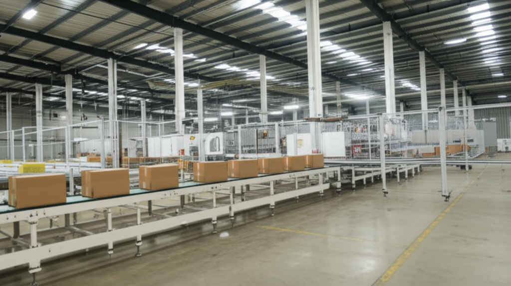 Hộp giấy cao cấp – Giải pháp bao bì chuyên nghiệp 6 Ảnh chụp chân thực (photorealistic) với tỉ lệ 16:9. Bối cảnh tự nhiên, ánh sáng tốt. Không chèn chữ, số, logo, thương hiệu hoặc ký hiệu đặc biệt. Không sáng tạo bao bì, không mô tả trẻ em hoặc đặc điểm giới tính cụ thể. Mô tả: Một nhà máy sản xuất hộp giấy với các máy móc hiện đại đang hoạt động. Các công nhân đang kiểm tra chất lượng sản phẩm trên dây chuyền sản xuất. Ánh sáng mạnh, làm nổi bật sự sạch sẽ và quy mô của nhà máy.