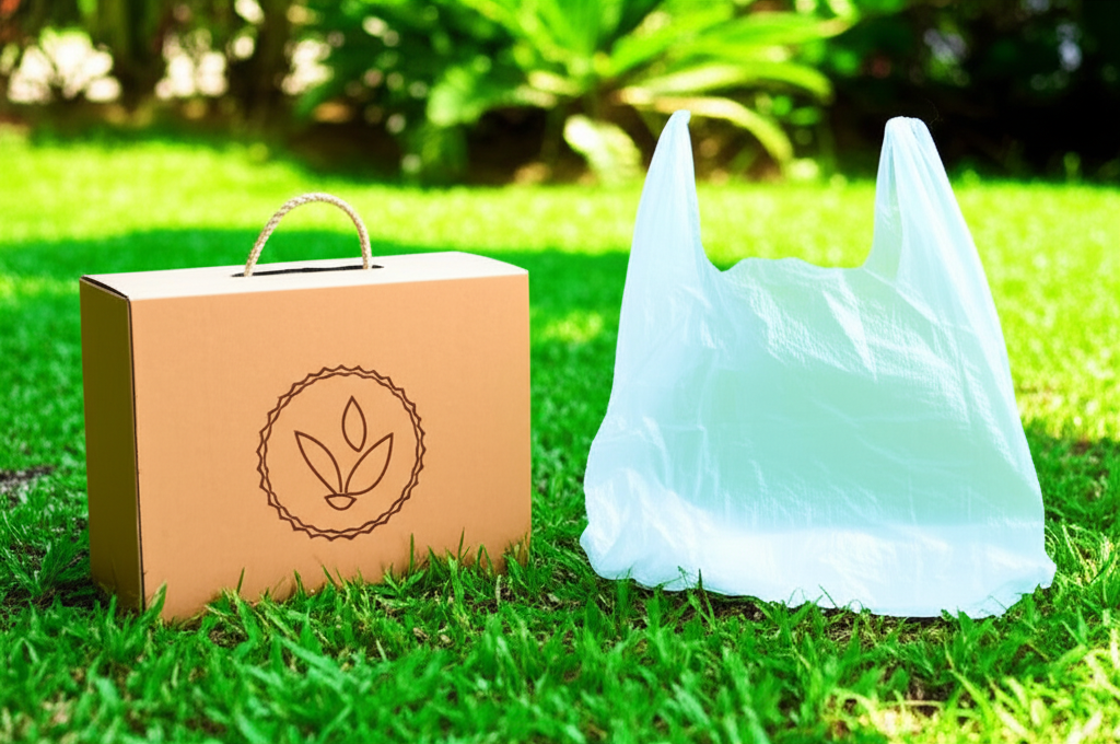 Hộp giấy có quai xách – Giải pháp bao bì chuyên nghiệp 4 Ảnh chụp so sánh trực quan giữa hộp giấy có quai xách và túi nilon. Hộp giấy có quai xách được làm từ giấy kraft màu nâu, có quai xách bằng dây thừng và được trang trí bằng một hình ảnh đơn giản. Túi nilon có màu trắng, nhăn nheo và có vẻ kém chất lượng hơn. Bối cảnh là một khu vườn xanh mát.