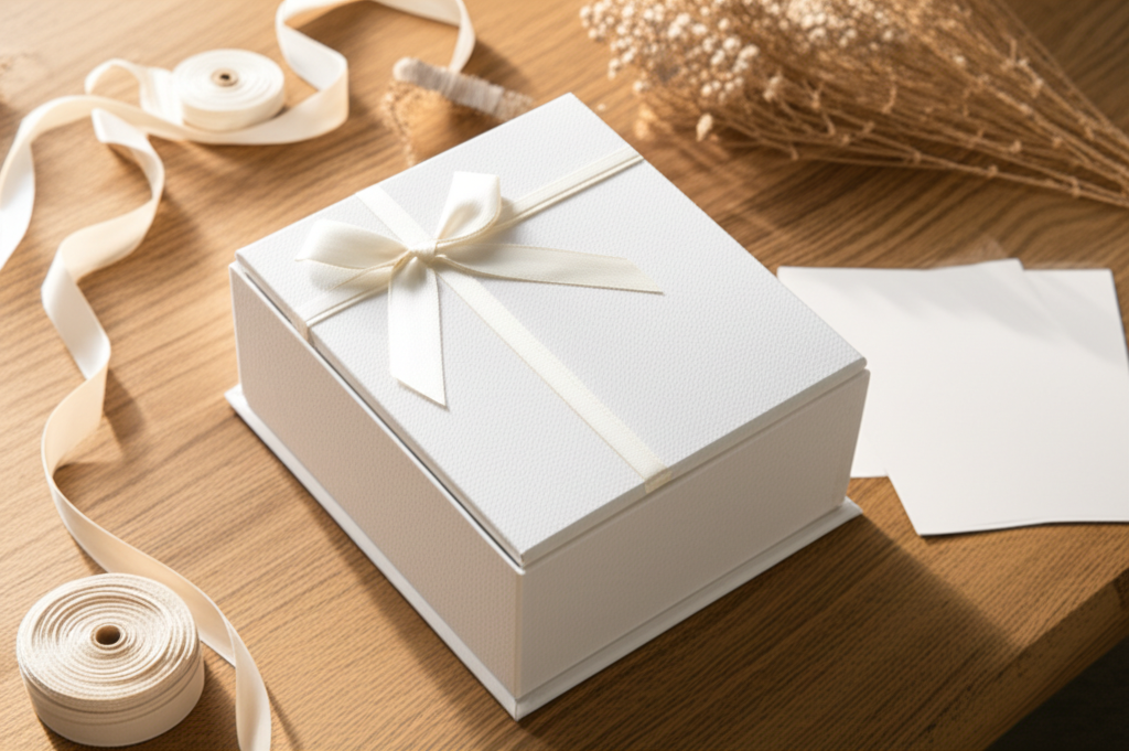 Hộp giấy cao cấp quà tặng – Giải pháp bao bì chuyên nghiệp 2 Ảnh chụp chân thực (photorealistic) với tỉ lệ 16:9. Bối cảnh tự nhiên, ánh sáng tốt. Không chèn chữ, số, logo, thương hiệu hoặc ký hiệu đặc biệt. Không sáng tạo bao bì, không mô tả trẻ em hoặc đặc điểm giới tính cụ thể. Mô tả: Một chiếc hộp giấy cao cấp quà tặng màu trắng được đặt trên bàn gỗ, xung quanh là các phụ kiện trang trí như ruy băng, hoa khô và thiệp chúc mừng. Ánh sáng tự nhiên chiếu vào làm nổi bật chất liệu giấy cao cấp và các chi tiết tinh xảo của hộp.