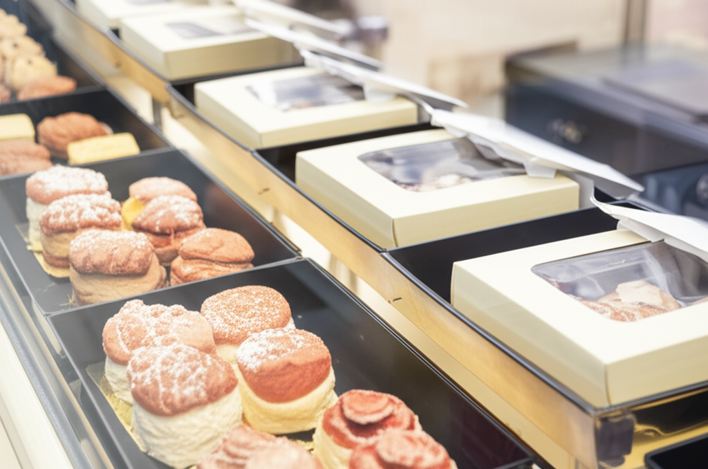 Hộp giấy đựng bánh – Giải pháp bao bì chuyên nghiệp 2 Ảnh chụp chân thực (photorealistic) với tỉ lệ 16:9. Bối cảnh: Một quầy bánh ngọt bày bán đa dạng các loại bánh, trong đó các hộp giấy đựng bánh được thiết kế đẹp mắt và nổi bật, thu hút ánh nhìn của khách hàng. Ánh sáng tự nhiên, tập trung vào các chi tiết của hộp giấy và bánh. Không chèn chữ, số, logo, thương hiệu hoặc ký hiệu đặc biệt. Không sáng tạo bao bì, không mô tả trẻ em hoặc đặc điểm giới tính cụ thể.