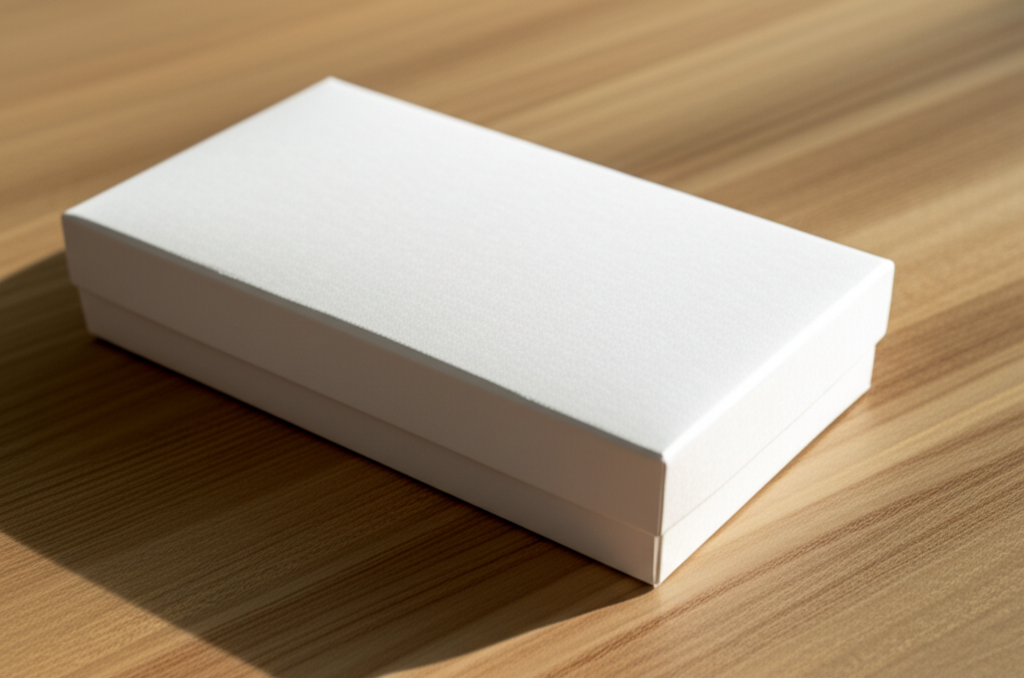 Hộp giấy cao cấp – Giải pháp bao bì chuyên nghiệp 2 Ảnh chụp chân thực (photorealistic) với tỉ lệ 16:9. Bối cảnh tự nhiên, ánh sáng tốt. Không chèn chữ, số, logo, thương hiệu hoặc ký hiệu đặc biệt. Không sáng tạo bao bì, không mô tả trẻ em hoặc đặc điểm giới tính cụ thể. Mô tả: Một chiếc hộp giấy cao cấp màu trắng, thiết kế tối giản, sang trọng, đặt trên nền gỗ tự nhiên. Ánh sáng nhẹ nhàng làm nổi bật chất liệu giấy cao cấp và các chi tiết tinh xảo.