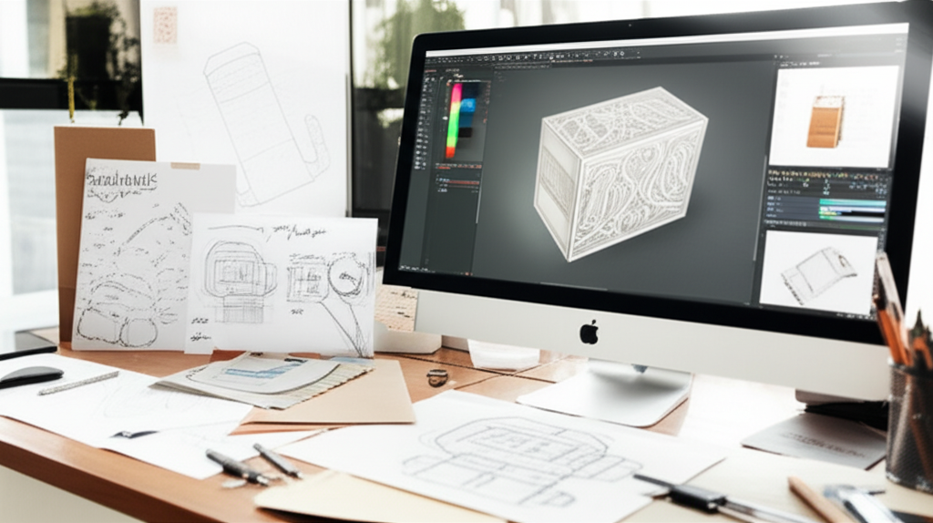 Hộp giấy dập nổi – Giải pháp bao bì chuyên nghiệp 4 Ảnh chụp chân thực (photorealistic) với tỉ lệ 16:9. Bối cảnh tự nhiên, ánh sáng tốt. Không chèn chữ, số, logo, thương hiệu hoặc ký hiệu đặc biệt. Không sáng tạo bao bì, không mô tả trẻ em hoặc đặc điểm giới tính cụ thể. Mô tả: Một nhà thiết kế đang làm việc trên máy tính, thiết kế một mẫu hộp giấy dập nổi với các công cụ thiết kế chuyên nghiệp. Trên bàn làm việc có các bản phác thảo, mẫu giấy và các công cụ đo đạc.
