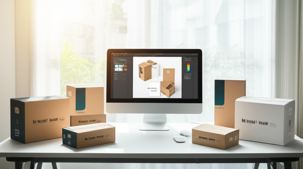 Hộp giấy in logo – Tăng giá trị thương hiệu bằng bao bì đột phá 4 Ảnh chụp chân thực (photorealistic) với tỉ lệ 16:9. Bối cảnh tự nhiên, ánh sáng tốt. Không chèn chữ, số, logo, thương hiệu hoặc ký hiệu đặc biệt. Không sáng tạo bao bì, không mô tả trẻ em hoặc đặc điểm giới tính cụ thể. Mô tả: Một nhà thiết kế đang làm việc trên máy tính với phần mềm thiết kế bao bì, trên bàn có nhiều mẫu hộp giấy in logo khác nhau.