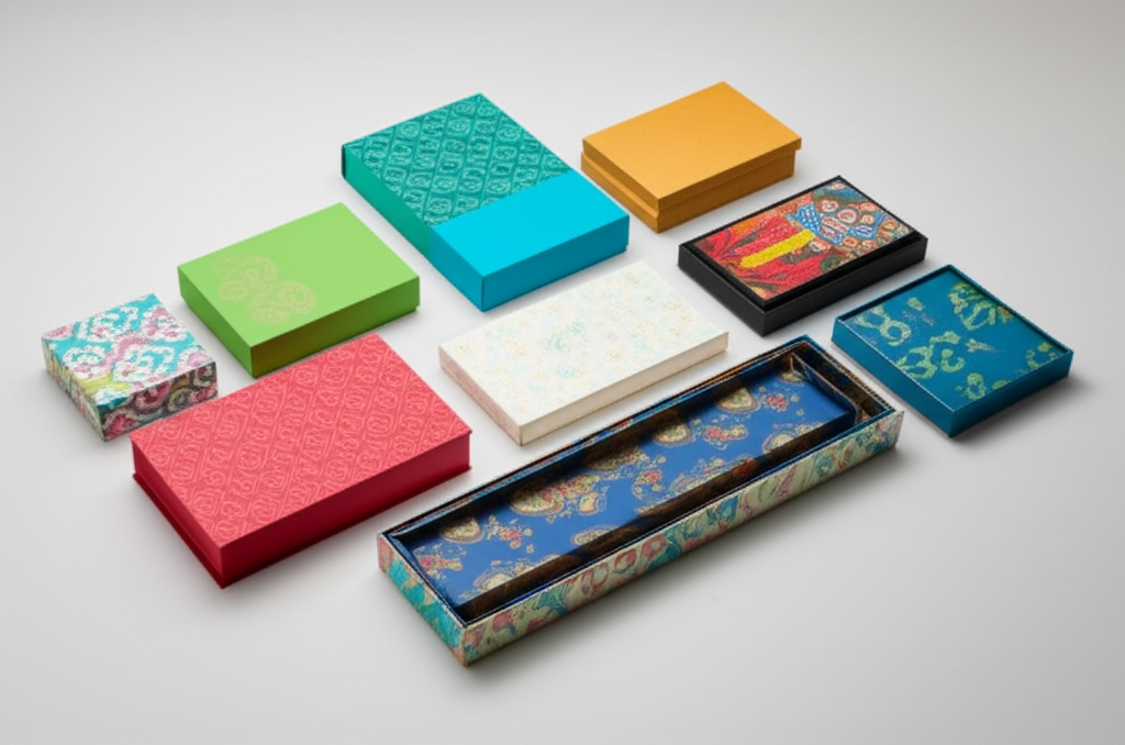Hộp giấy trượt – Giải pháp bao bì chuyên nghiệp 9 Ảnh chụp các mẫu hộp giấy trượt với nhiều thiết kế khác nhau, màu sắc đa dạng và phong cách độc đáo. Các hộp được sắp xếp một cách nghệ thuật để thể hiện sự sáng tạo.