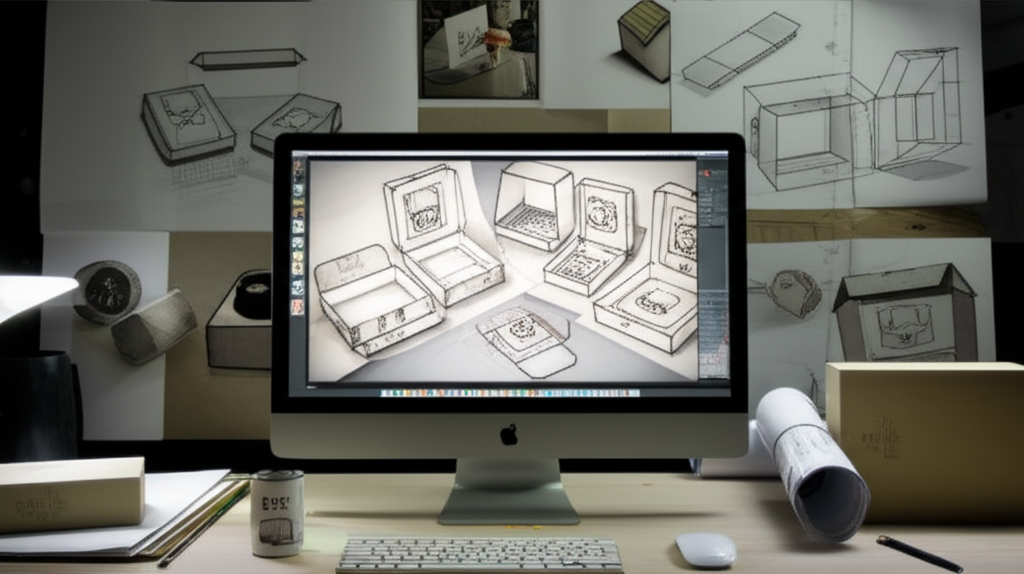 Hộp giấy cao cấp – Giải pháp bao bì chuyên nghiệp 5 Ảnh chụp chân thực (photorealistic) với tỉ lệ 16:9. Bối cảnh tự nhiên, ánh sáng tốt. Không chèn chữ, số, logo, thương hiệu hoặc ký hiệu đặc biệt. Không sáng tạo bao bì, không mô tả trẻ em hoặc đặc điểm giới tính cụ thể. Mô tả: Một nhà thiết kế đang làm việc trên máy tính, xung quanh là các bản phác thảo thiết kế hộp giấy cao cấp. Ánh sáng tập trung vào màn hình máy tính và các bản phác thảo.