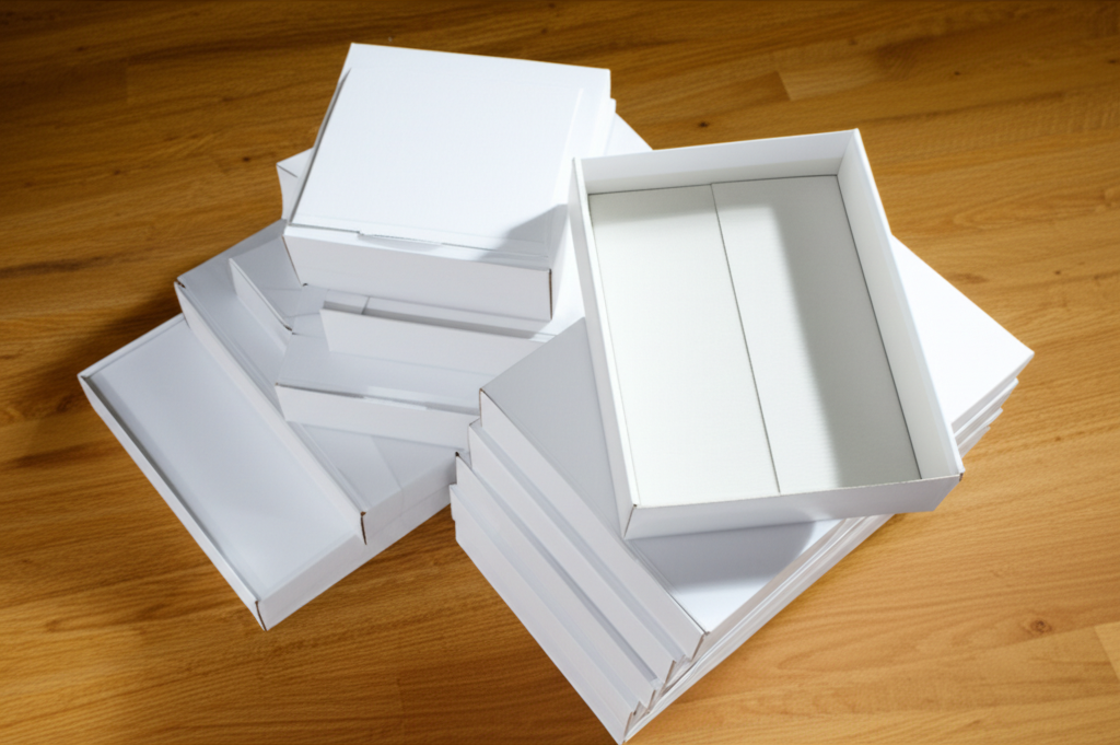 Hộp giấy carton lạnh – Giải pháp bao bì chuyên nghiệp 2 Ảnh chụp chân thực (photorealistic) với tỉ lệ 16:9. Bối cảnh tự nhiên, ánh sáng tốt. Không chèn chữ, số, logo, thương hiệu hoặc ký hiệu đặc biệt. Không sáng tạo bao bì, không mô tả trẻ em hoặc đặc điểm giới tính cụ thể. Mô tả: Một chồng hộp giấy carton lạnh màu trắng tinh xếp chồng lên nhau trên nền gỗ tự nhiên. Các hộp có kích thước khác nhau, thể hiện sự đa dạng trong ứng dụng. Một phần hộp được mở ra, cho thấy lớp giấy bên trong mịn màng.