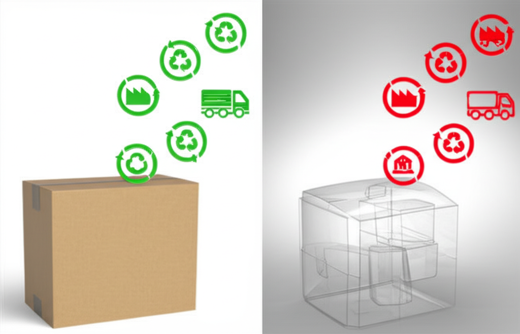 Hộp giấy thân thiện môi trường – Giải pháp bao bì chuyên nghiệp 5 Ảnh chụp so sánh trực quan giữa một hộp giấy carton đơn giản và một hộp nhựa phức tạp, với các biểu tượng thể hiện chi phí sản xuất, vận chuyển và tái chế. Hộp giấy được hiển thị với các biểu tượng màu xanh lá cây, tượng trưng cho chi phí thấp và thân thiện với môi trường.