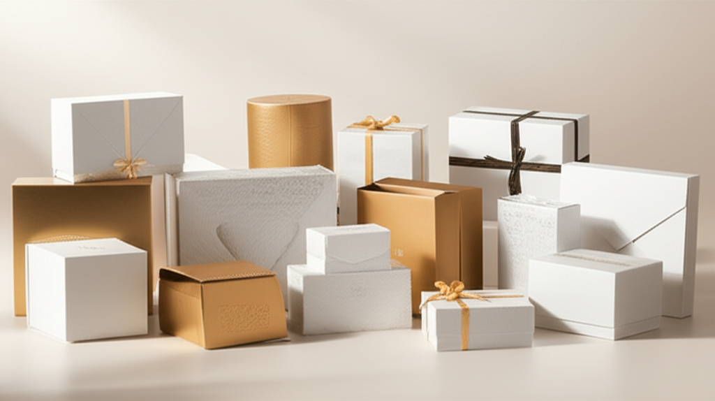 Hộp giấy dập nổi – Giải pháp bao bì chuyên nghiệp 3 Ảnh chụp chân thực (photorealistic) với tỉ lệ 16:9. Bối cảnh tự nhiên, ánh sáng tốt. Không chèn chữ, số, logo, thương hiệu hoặc ký hiệu đặc biệt. Không sáng tạo bao bì, không mô tả trẻ em hoặc đặc điểm giới tính cụ thể. Mô tả: Một bộ sưu tập các hộp giấy dập nổi với nhiều kích cỡ và kiểu dáng khác nhau, đại diện cho các ngành công nghiệp khác nhau, bao gồm hộp đựng mỹ phẩm, hộp quà tặng, và hộp đựng thực phẩm.