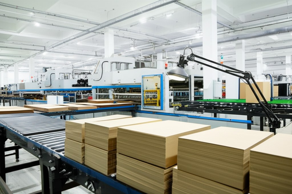Hộp giấy đựng thực phẩm – Giải pháp bao bì chuyên nghiệp 7 Ảnh chụp một xưởng in ấn hiện đại với các máy móc sản xuất hộp giấy tiên tiến. Công nhân đang kiểm tra chất lượng hộp giấy trên dây chuyền sản xuất.