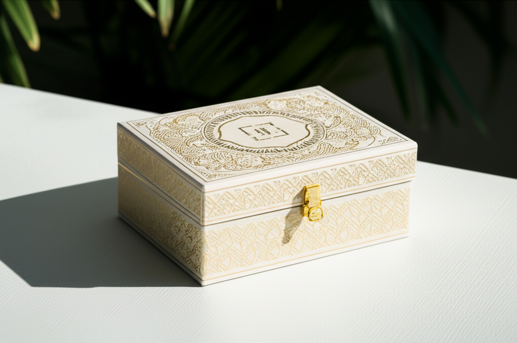 Hộp giấy nắp nam châm – Giải pháp bao bì chuyên nghiệp 7 Ảnh chụp chân thực (photorealistic) với tỉ lệ 16:9. Bối cảnh tự nhiên, ánh sáng tốt. Không chèn chữ, số, logo, thương hiệu hoặc ký hiệu đặc biệt. Không sáng tạo bao bì, không mô tả trẻ em hoặc đặc điểm giới tính cụ thể. Mô tả: Một chiếc hộp giấy nắp nam châm được thiết kế độc đáo, với hình dáng đặc biệt và họa tiết trang trí ấn tượng. Ánh sáng tập trung vào chi tiết thiết kế, làm nổi bật sự sáng tạo và tinh tế.